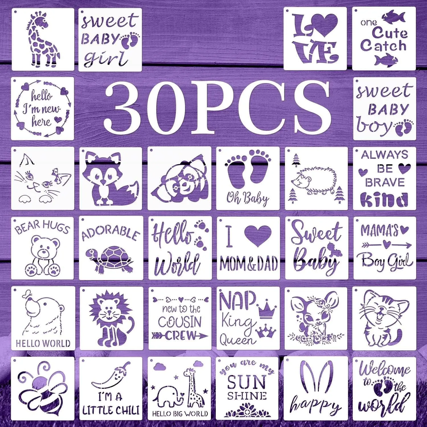30 Pieces Baby Shower Stencils for Painting, 5 Inch Cute Onesie Stencil Reusable Mixed Phrase Painting Stencils, Small Animals Template for Painting Bodysuit Shirts Shoes Bibs Clothes