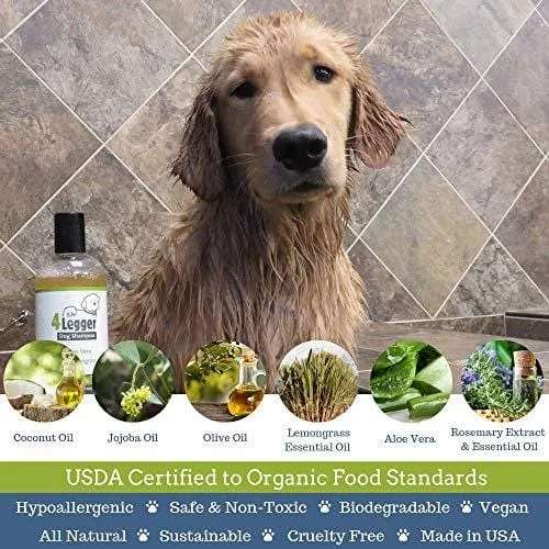 4-Legger Certified Organic Dog Shampoo - All Natural and Hypoallergenic with Aloe and Lemongrass, Soothing for Normal, Dry, Itchy or Allergy Sensitive Skin - Biodegradable - Made in USA - 16 oz