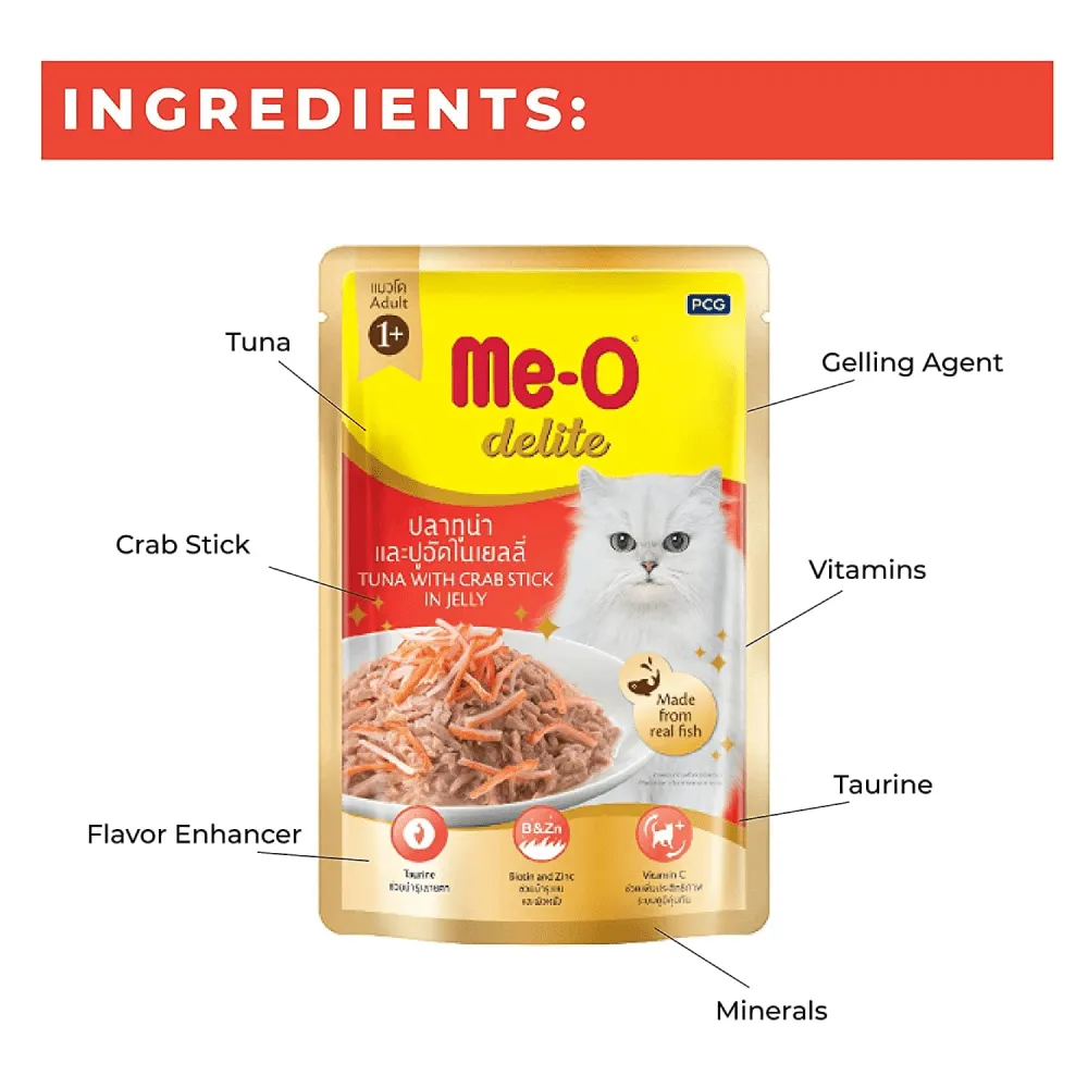 Me O Delite Tuna with Crab Sticks in Jelly and Purina Felix Salmon with Jelly Adult Cat Wet Food Combo (12 12)