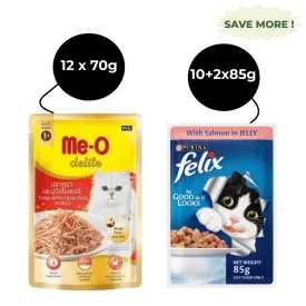 Me O Delite Tuna with Crab Sticks in Jelly and Purina Felix Salmon with Jelly Adult Cat Wet Food Combo (12 12)