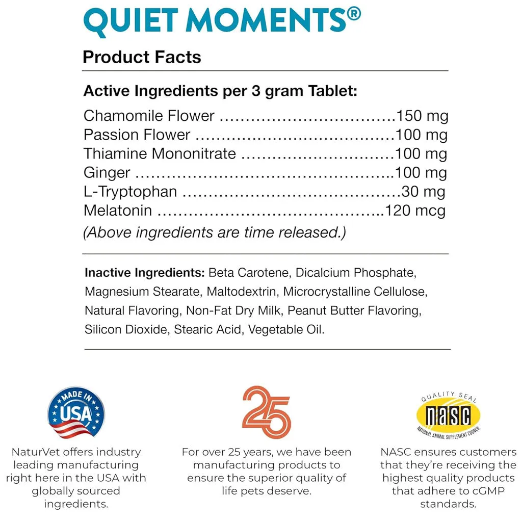 NaturVet Quiet Moments Calming Aid Plus Melatonin for Dogs, 30 chewable tablets