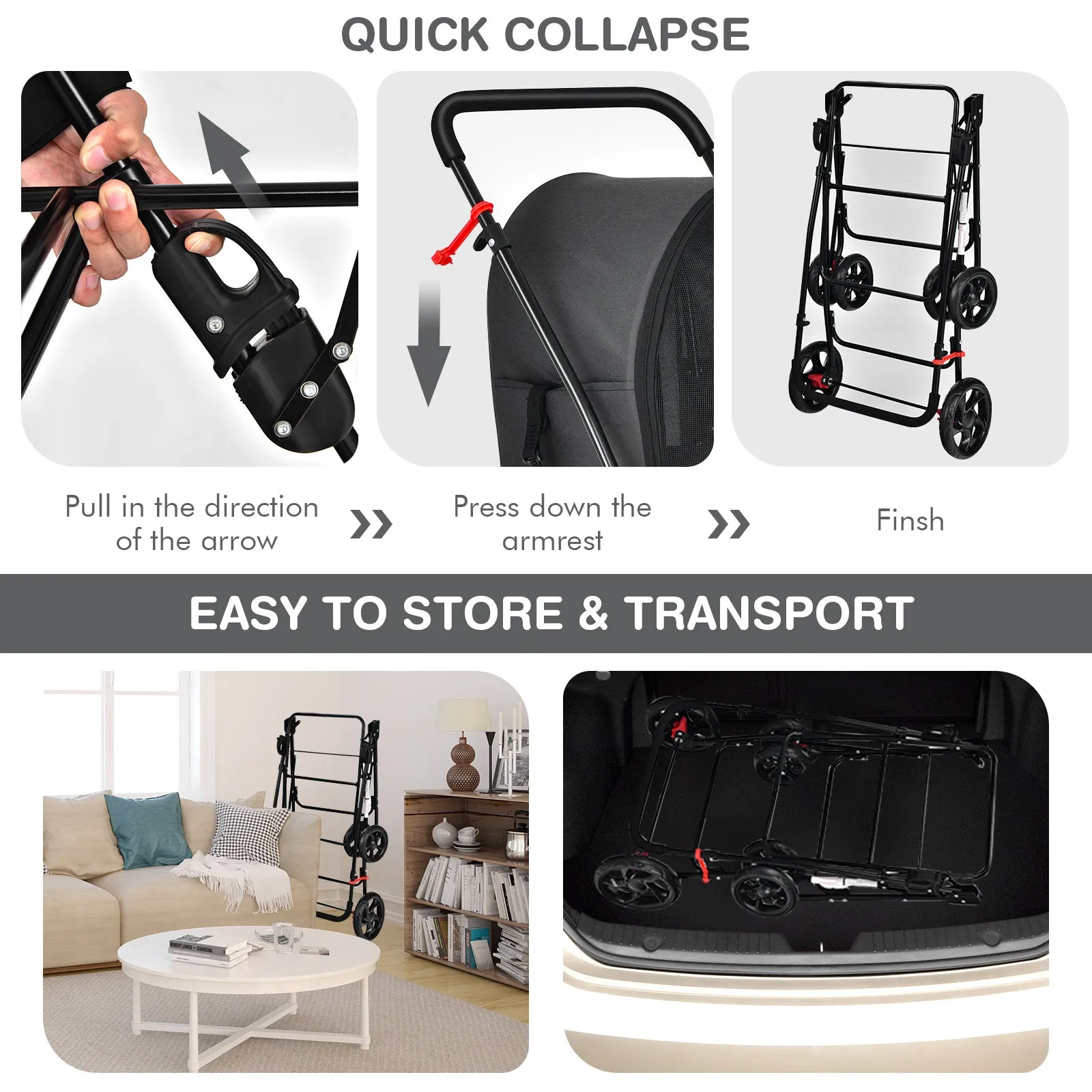 NNECW 4-in-1 Double Pet Stroller with Detachable Carrier for Cats Travel-Black