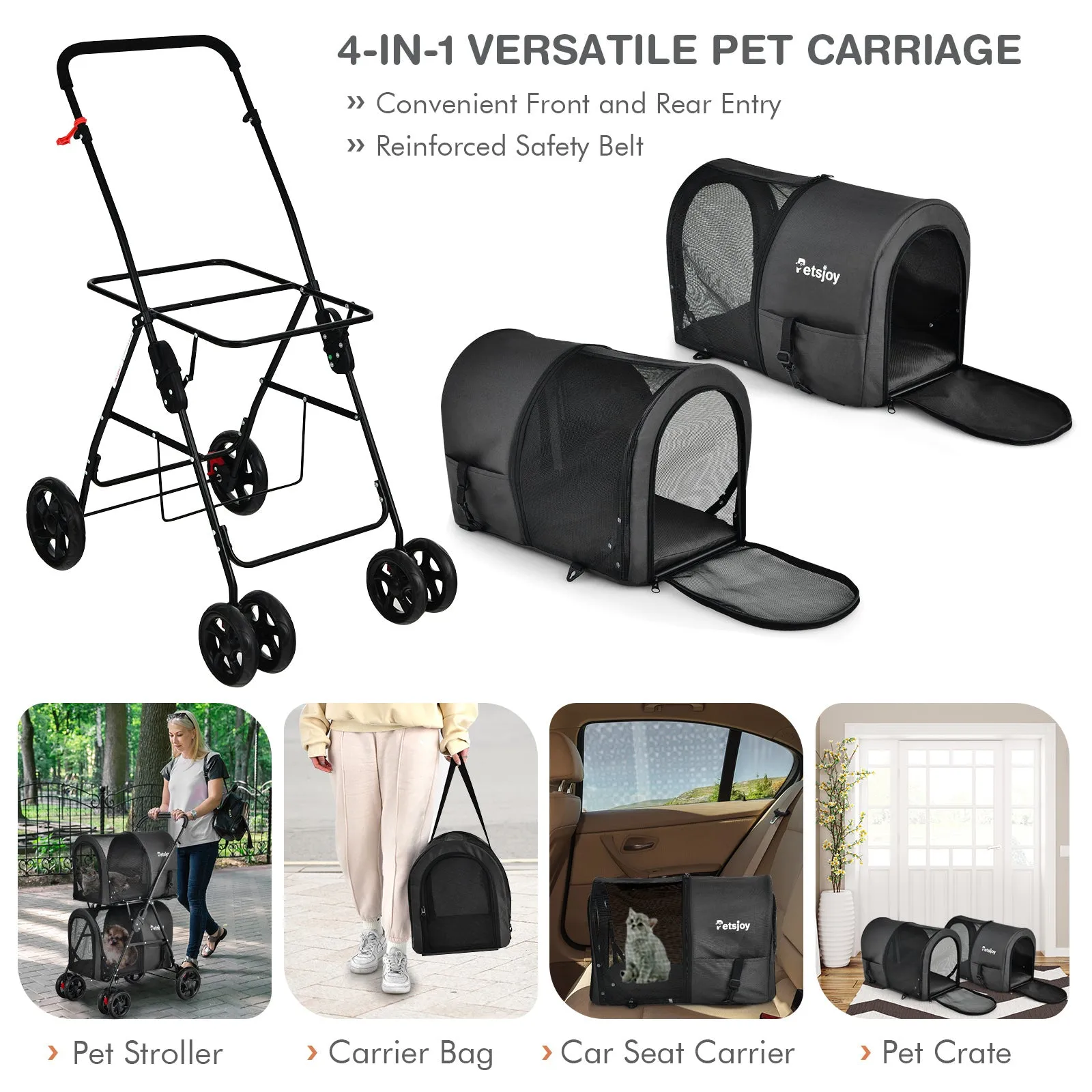 NNECW 4-in-1 Double Pet Stroller with Detachable Carrier for Cats Travel-Black