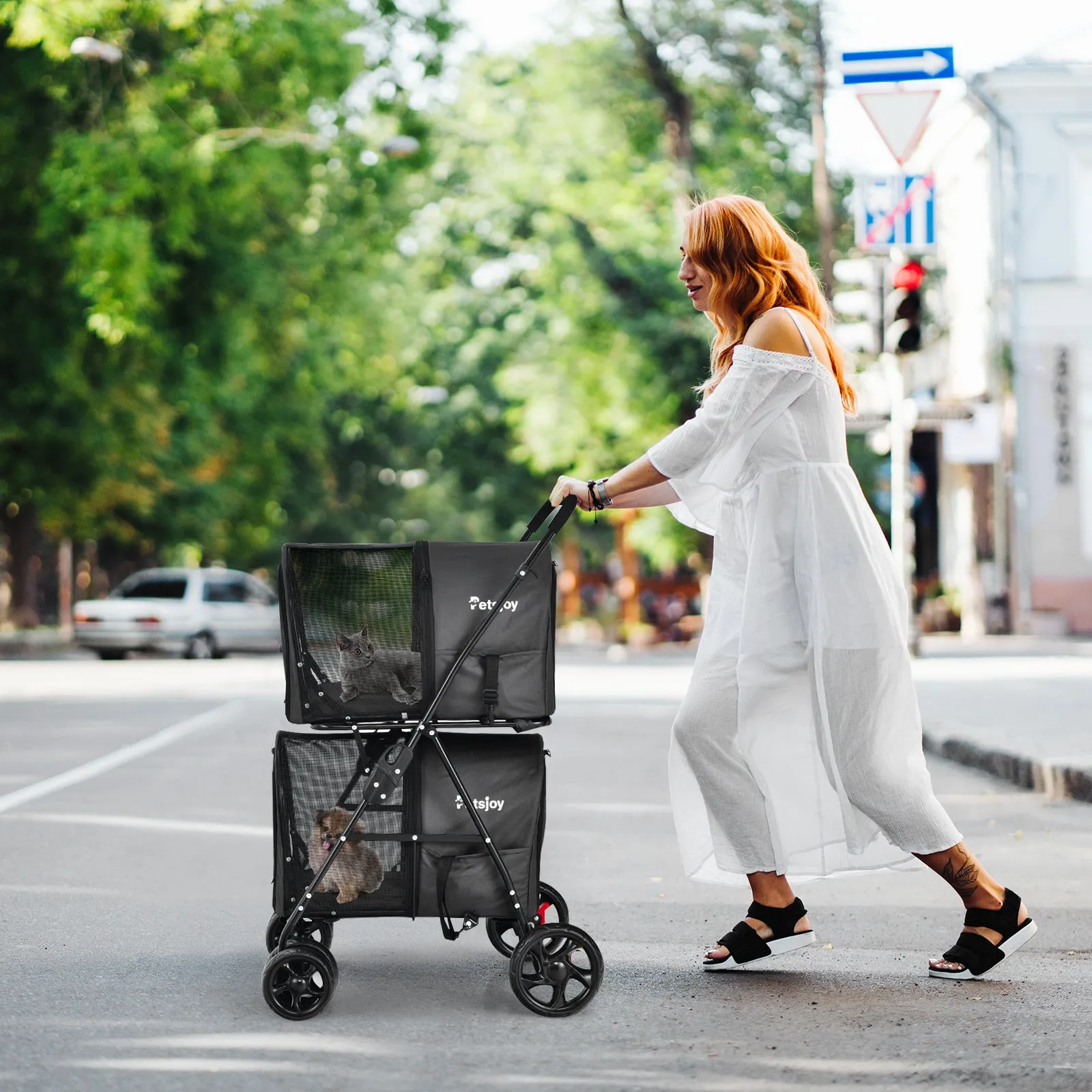 NNECW 4-in-1 Double Pet Stroller with Detachable Carrier for Cats Travel-Black