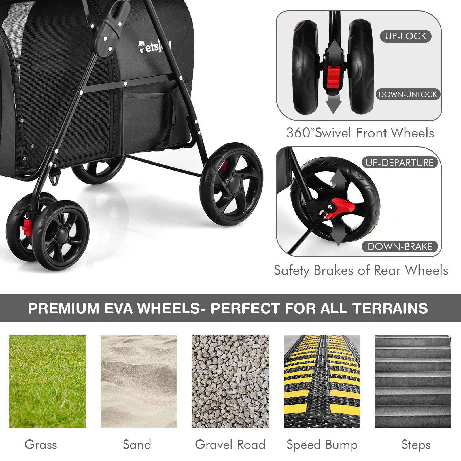 NNECW 4-in-1 Double Pet Stroller with Detachable Carrier for Cats Travel-Black