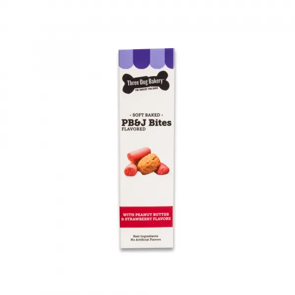 Three Dog Bakery Soft Baked PB&J Bites With Strawberry Flavor 13-oz, Dog Treat