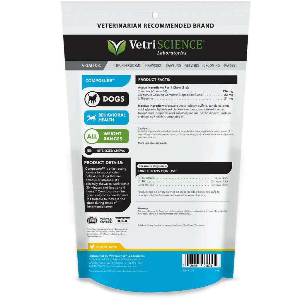 VetriScience Composure Chicken Liver Flavored Calming Supplement Soft Chews for Dogs