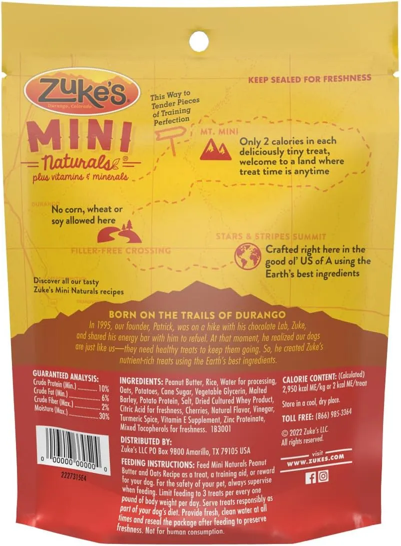 Zuke's Mini Naturals Dog Treats - Peanut Butter & Oats, Soft Chewy Bites, 16oz Pouch
